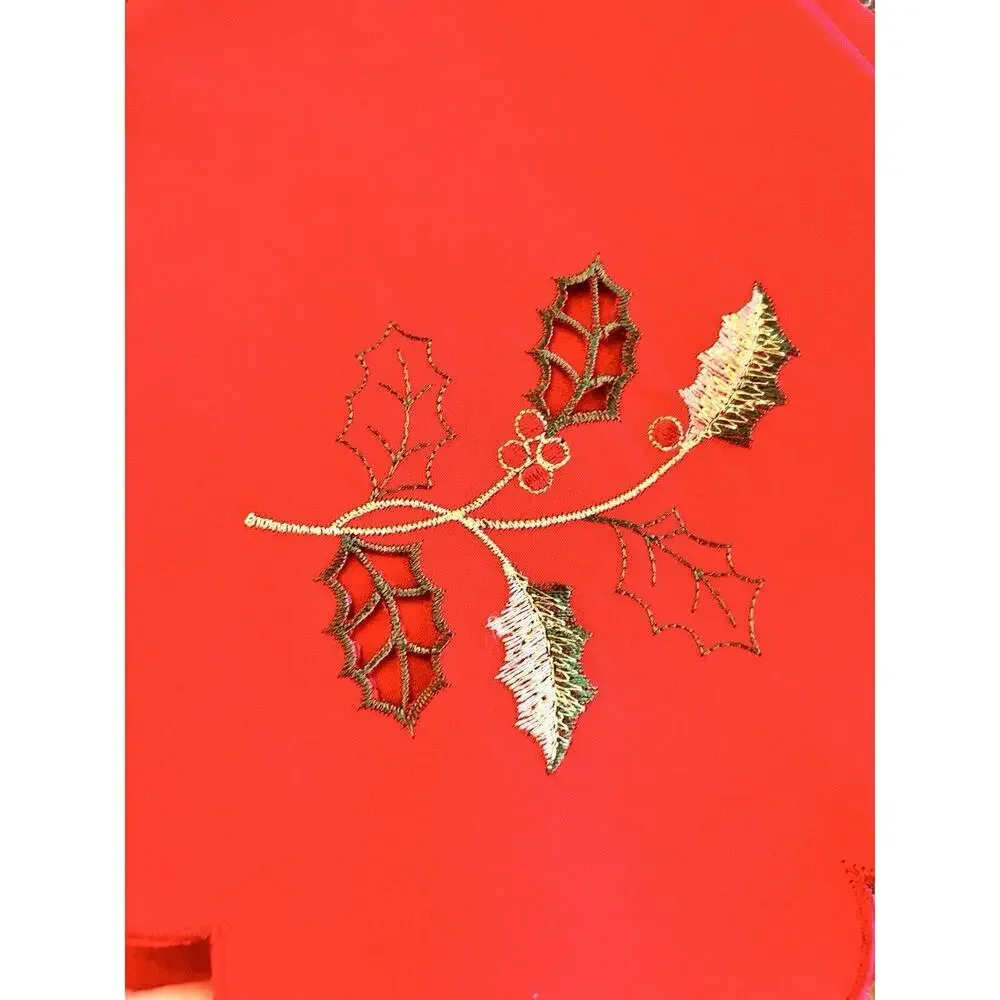 12 Christmas Holiday Dinner Napkins Red Satin Embroidered Holly Berries 17x17